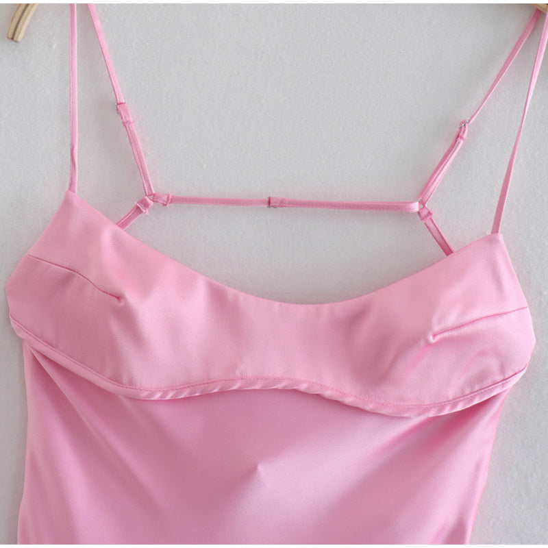 Abito slip satinato lungo sexy – Vestito schiena nuda senza maniche donna party estate